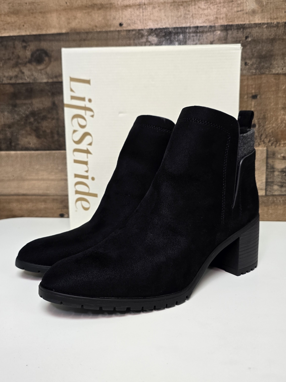 Life Stride Black Suede Ankle Booties with Block Heel 11W